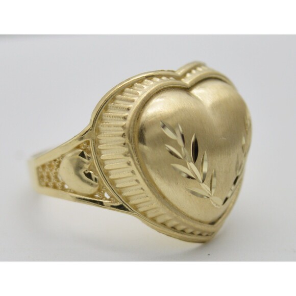 Real 10k Yellow Solid Gold Tree Leaf Design Shiny Heart Shape Ring 3.6 grams - Picture 2 of 8